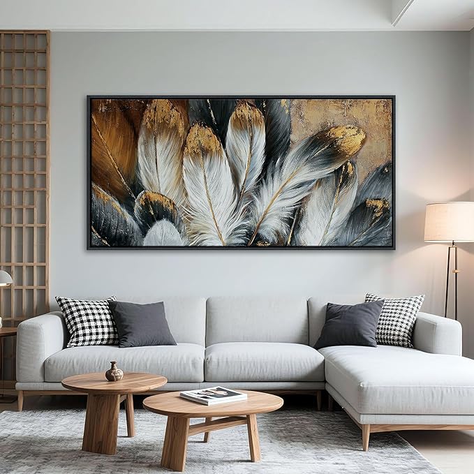 Mofutinpo Framed Wall Art Modern Living Room Bedroom Wall Decoration Large Canvas Painting Artwork for Home Decor Gold Brown Feather Picture Ready to Hang 30x60 Size Black Framed