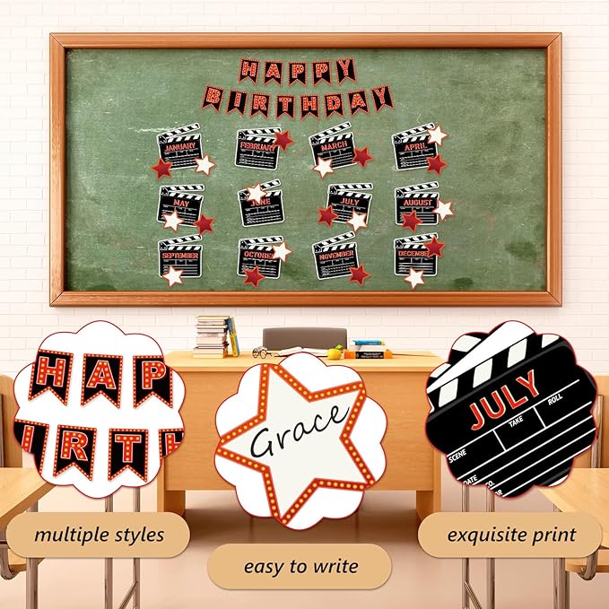 JarThenaAMCS 85Pcs Happy Birthday Bulletin Board Set Movie Night Calendar Poster Movie Stars Classroom Birthday Chart for Back to School Decorations