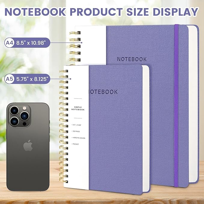 Spiral Notebook - 8.5 x 10.98 Inch Large Hard Cover Notebook with Elastic Band & Pocket, 252 Pages, Lay Flat Wirebound Journal for Work, School, Planning & Note Taking Violet