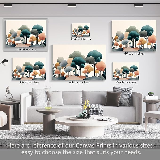 gaosoul Modern Abstract Canvas Wall Art Oil Painting Giclee Print of Geometric Forest in Teal Pink Amber with Black Trunks Serene Beige Background for Living Room Bedroom Decor Framed 36x24in