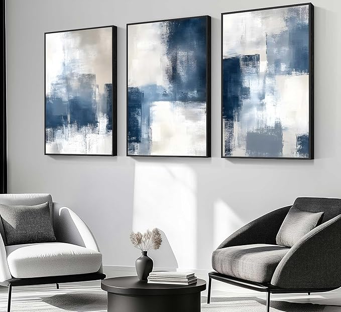 3 Pcs Framed Navy Blue Abstract Canvas Wall Art Modern Minimalist Neutral Blue and Grey Paintings Pictures Wall Decor Poster Print Artwork for Living Room Bedroom Office Home Decoration