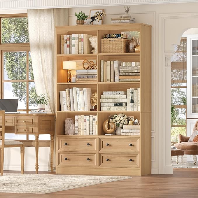 FINETONES 71" Tall Bookshelf with 4 Drawers, 6-Tier Double Wide Bookshelves and Bookcases with Storage, Natural Bookshelf Large Open Bookshelves Standing Book Cabinet for Home Office