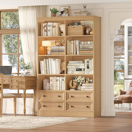 FINETONES 71" Tall Bookshelf with 4 Drawers, 6-Tier Double Wide Bookshelves and Bookcases with Storage, Natural Bookshelf Large Open Bookshelves Standing Book Cabinet for Home Office