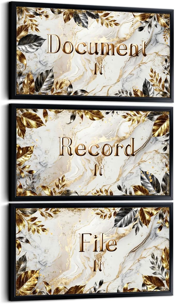 Visual Art Decor Office Decor Sign Canvas Wall Art Gold Grey Leaves Painting Black Frame Sayings Pictures Canvas Print 8"x16"x3Pcs, with Hooks Home Office Decoration for Woman and Man