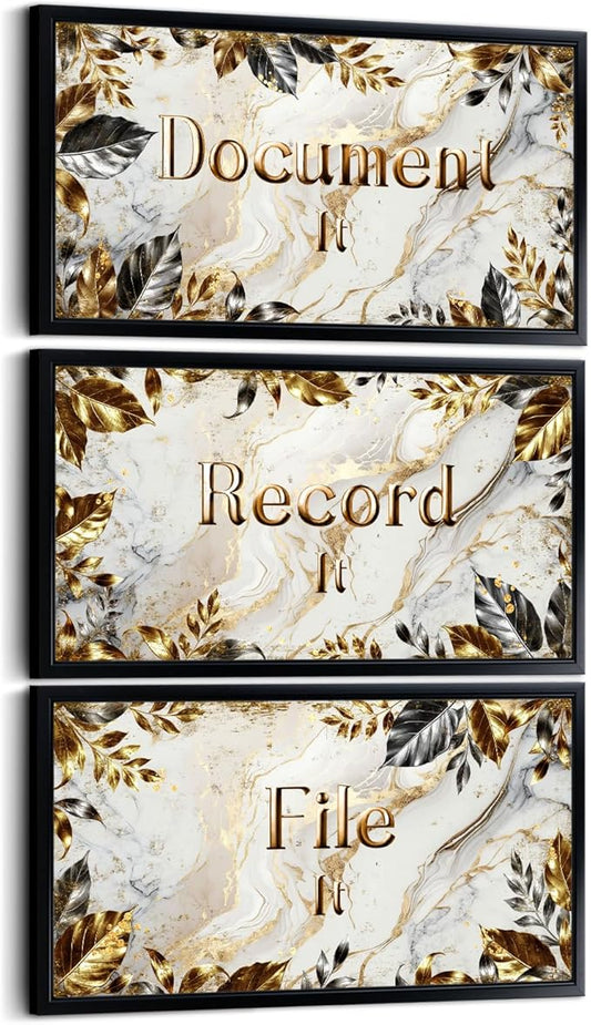 Visual Art Decor Office Decor Sign Canvas Wall Art Gold Grey Leaves Painting Black Frame Sayings Pictures Canvas Print 8"x16"x3Pcs, with Hooks Home Office Decoration for Woman and Man