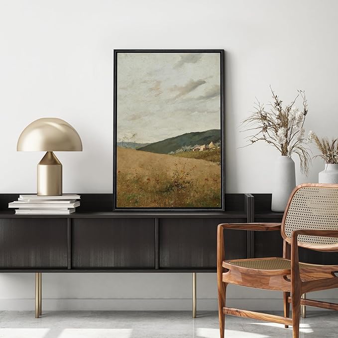 MUDECOR Framed Canvas Print Wall Art Autumn Field Landscape Illustrations Minimalism Decorative Relax Colorful for Living Room, Bedroom, Office - 16"x24" Black
