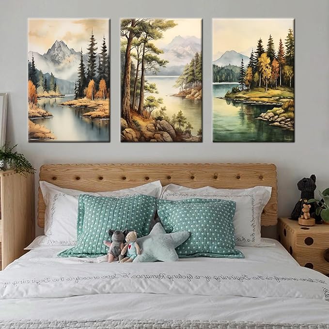 Forest Canvas Wall Art Mountain Green Trees Lake Landscape 3 Pieces Painting Posters Abstract Theme HD Picture Print Artwork for Modern Home Bedroom Living Room Hotel Ready to Hang [48''Wx24''H]