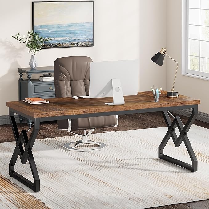Tribesigns 63" Large Industrial Executive Desk with Extra Thickened Tabletop & Metal Frame, Heavy-Duty 300 lb Capacity Home Office Desk for Study Room, Dorm, Bedroom – Vintage Brown & Black