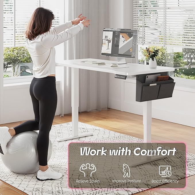EnHomee Standing Desk with RGB Lights,Adjustable Gaming Desk 48 x 24 Height,Computer Desk with 3 Memory Presets & Ergonomic Curved Top,Sit Stand Office Desk with Storage Bag & Hook,White