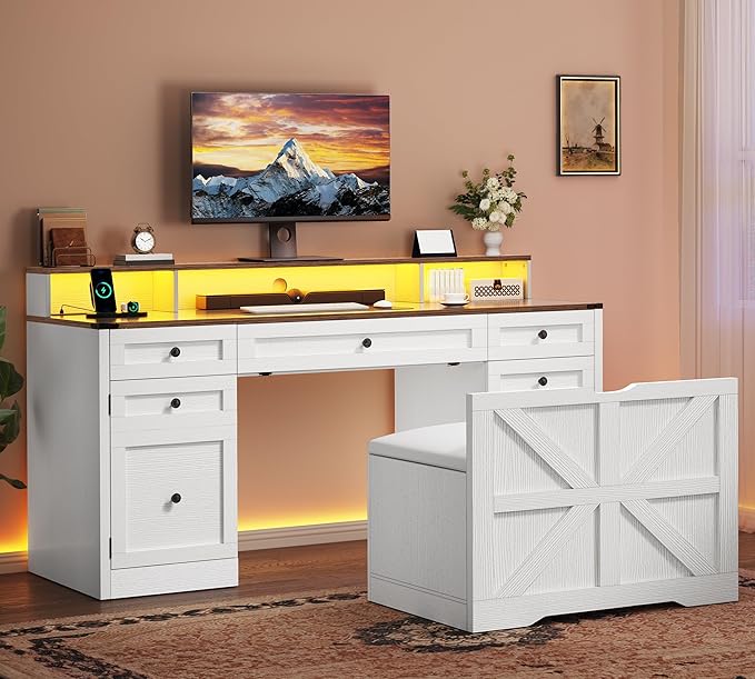 YITAHOME Computer Desk Stool Set with 5 Drawers, Office Desk with Power Outlets & LED Lights, Farmhouse Wood Desk Home Office Desks with Storage Cabinet & Monitor Stand for Work, Study, Antique White