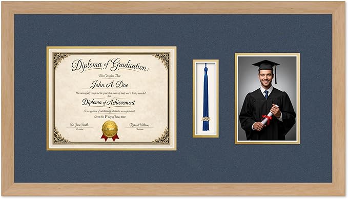 Diploma Tassel and Photo Frame Natural Wood Shadowbox Navy Blue Over Gold Mat - Fits 10 x 8 Degree Picture Made in the USA