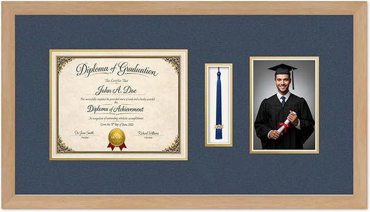 Diploma Tassel and Photo Frame Natural Wood Shadowbox Navy Blue Over Gold Mat - Fits 10 x 8 Degree Picture Made in the USA