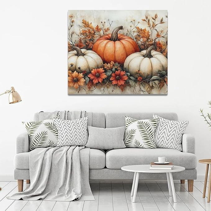 Fall Pumpkin Wall Art Autumn Leaf Pictures Wall Decor Maple Leaves Canvas Painting Modern Artwork Home Decoration for Living Room Bathroom Bedroom Office Framed 24"x16"