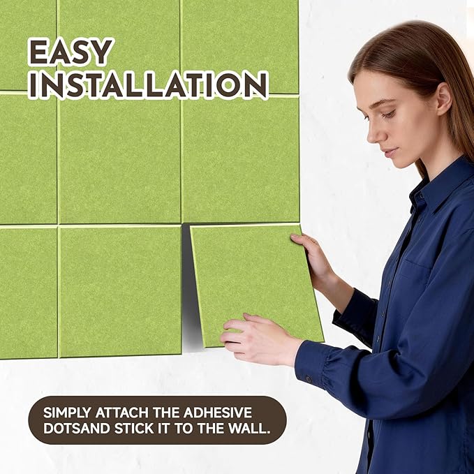 MISSDAY Green Acoustic Wall Panel Large Felt Bulletin Board 48" x 36" Cork Board for Wall, 12-Pack Boards with 72 Adhesive Tabs, 50 Pins, Pin Board for Home Office Classroom Soundproof Wall Tile