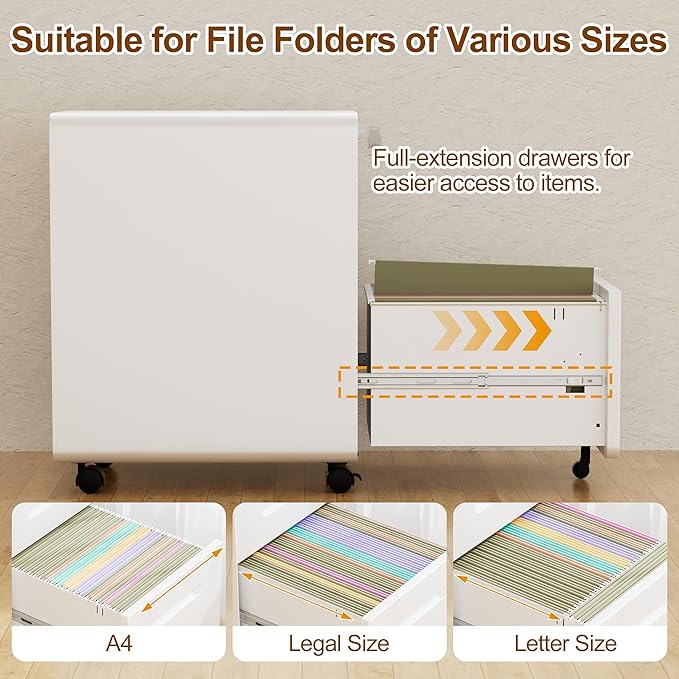 3 Drawers File Cabinet, Mobile Filing Cabinet with Lock, Steel, Fully Assembled Except Casters, for Home Office, for A4, Letter, Legal File Folders, White