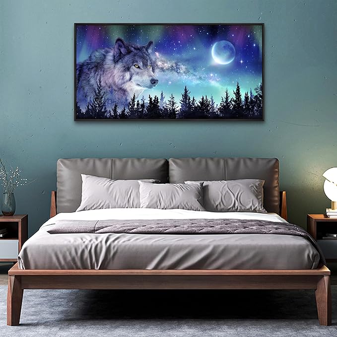Wapluam Black Framed Canvas Wall Art For Living Room Family Wall Decor For Bedroom Wall Decorations For Office Abstract Aurora Scenery Paintings Wolf Wall Pictures Artwork Room Home Decor 20" X 40"