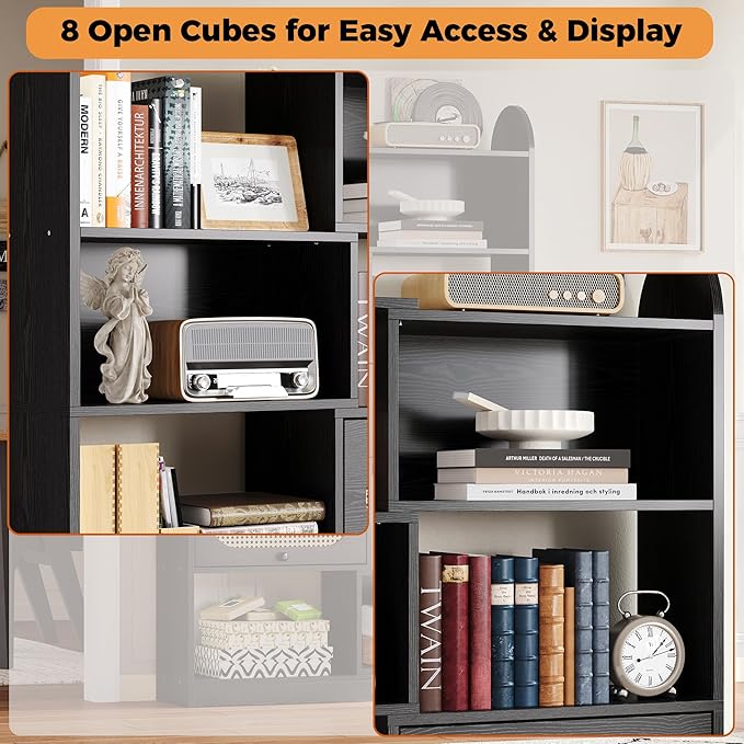 IRONCK Bookshelf and Bookcase with 2 Rattan Design Flip-top Storage Cabinets, 6 Tier 8 Cube Bookcases Storage Shelves Organizer for Living Room, 43.3" Black