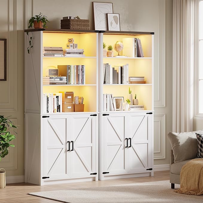 HWB Bookshelf and Bookcase with Doors, Farmhouse 5 Tier Book Shelves with Storage Cabinet, Floor Standing Bookcases with 3-Color Lights for Home Office, Living Room, Bedroom, White