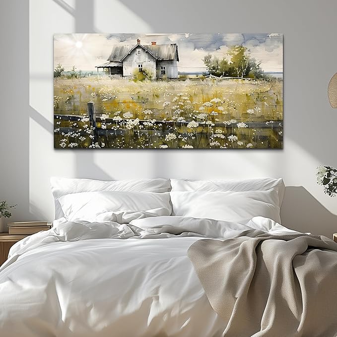 FUHAIHUA Framed Wall Decor Living Room Aesthetic Canvas Wall Art For Bedroom Office Wall Decorations Rural Landscape Paintings Farmhouse Watercolor Pictures Mural Artwork Room Home Decor 20x40 In