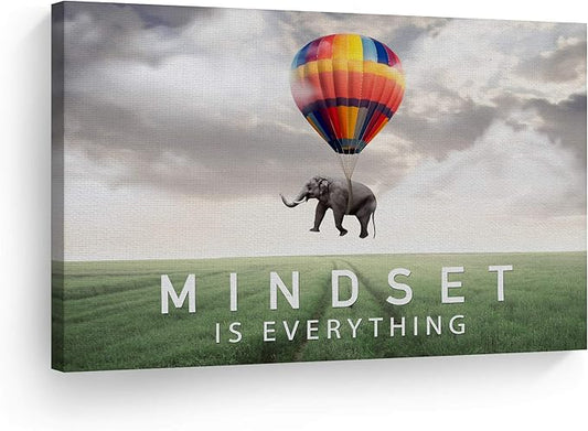 Smile Art Design Mindset is Everything Quote Elephant with Balloon in Sky Motivational Wall Art Canvas Print Inspirational Wall Art Entrepreneur Quote Office Decor Artwork Gift Ready to Hang 19x28