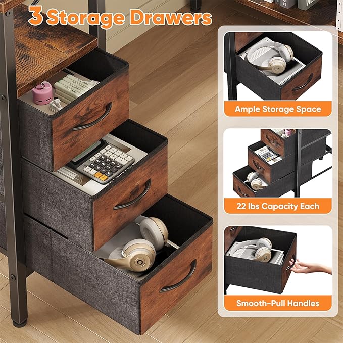 DUMOS L Shaped Desk with Shelf Drawers 47 Inch, Brown Corner Computer Desks Gaming with Power Outlet, Study Table with Adjustable Shelves, Home Office Tables for Bedroom Teacher Reading Writing
