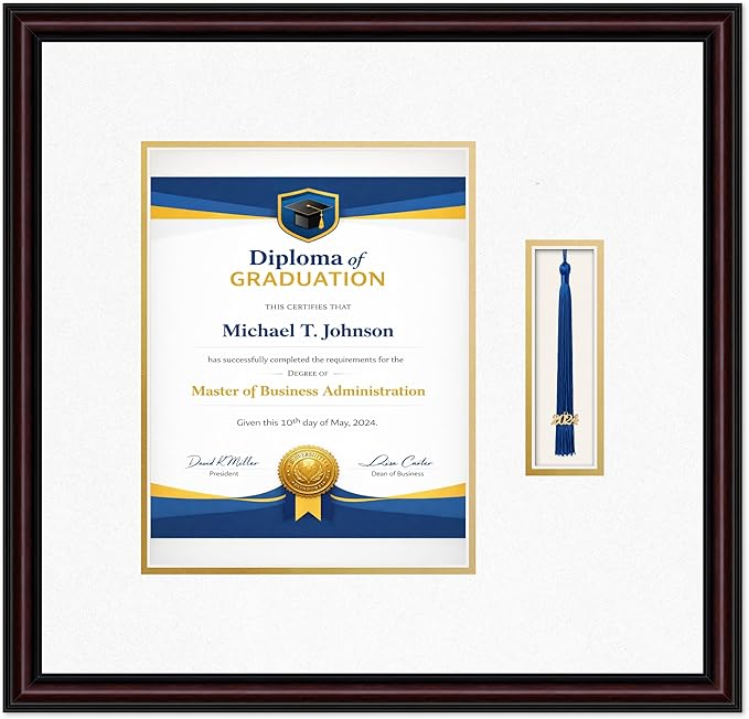 Diploma Frame with Tassel Holder 18.75 x 18 Executive Brown Shadowbox Oyster Shell Over Gold Mat - Fits 8.5 x 11 Degree Made in the USA