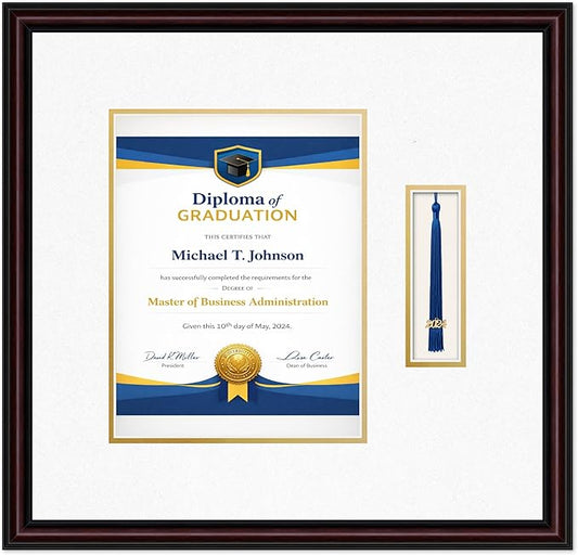 Diploma Frame with Tassel Holder 18.75 x 18 Executive Brown Shadowbox Oyster Shell Over Gold Mat - Fits 8.5 x 11 Degree Made in the USA
