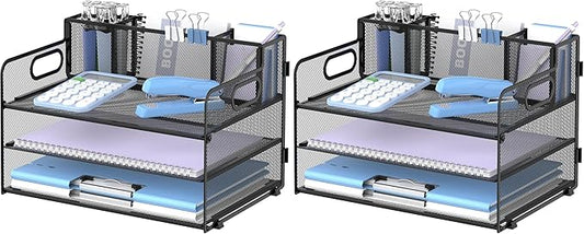 SUPEASY 3 Tier Desk Organizer with Handle & 3 Pen Holders, Mesh Paper/File Organizer for Desk, Paper Letter Tray Organizer for Office Supplies (Black) (Pack of 2)