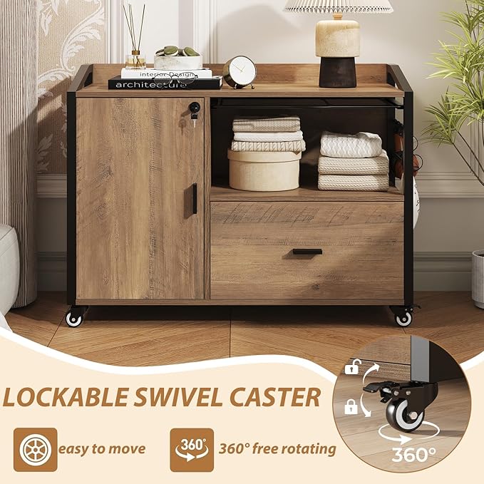HSH Rolling File Cabinet with Lock, Mobile Lateral Filling Cabinet on Wheels, Wood Metal Printer Stand with Storage Drawer Shelf, Modern File Cabinets Fits F4 Legal for Home Office, Rustic Oak, 33Inch