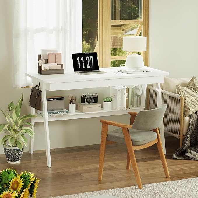 Solid Wood Desk with Drawers - 47.2 Inch Writing Desk with Drawers & Storage Shelf, Simple Modern Study Table, Home Office Computer Desks for Bedroom & Home, White Desks