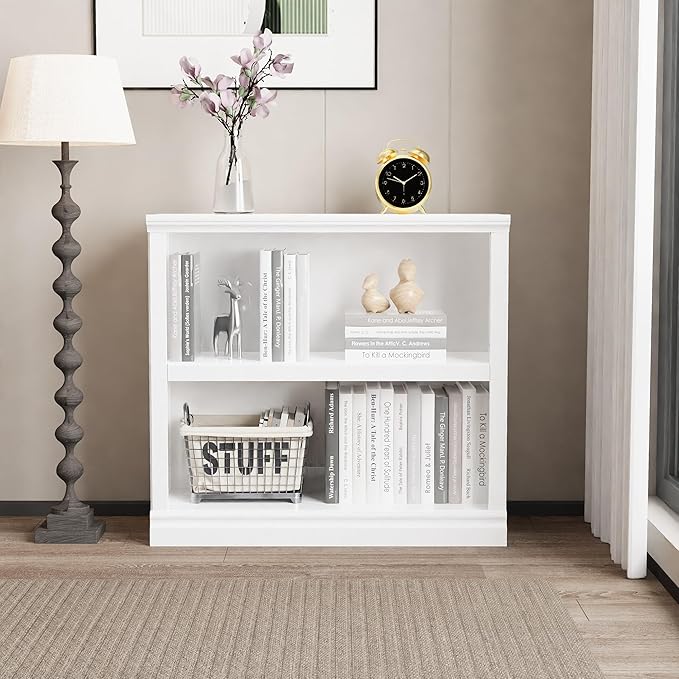 blini White Bookshelf and Bookcase Set of 2, Double Wide Large Bookshelves 2 Tier Wooden Bookshelf with Storage Cabinets for Living Room, Home Office, Library (White, 2 - Shelf)