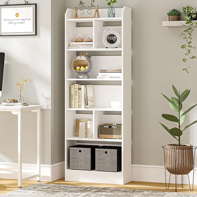 Bookshelf, Bookcase with Storage, 6-Tier Open Tall Bookshelves, Floor Display Shelves, for Living Room, Home Office, Bedroom, Modern Style, White BC11103X