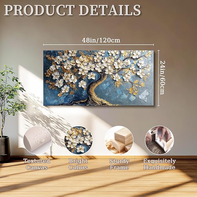 SERIMINO Gold Tree of Life Large Wall Art, Abstract Tree Oil Painting Art Prints, Cherry Blossom Flower Canvas Art Wall Decor, Modern Aesthetic Wall Pictures for Living Room Bedroom Office 24"X48"