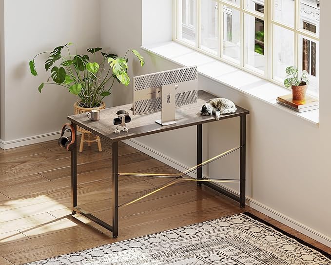 Casaottima 40 Inch Small Computer Desk for Home Office, Study Writing Table for Small Spaces, Simple Modern Desk with Headphone Hooks, Grey Oak