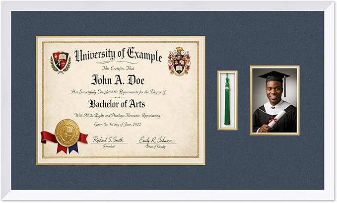 CountryArtHouse Diploma Tassel and Photo Shadowbox Fits 17 x 13 International Diploma with Tassel Hook Bright White Genuine Hardwood with Navy Blue Over Metallic Gold Double mat