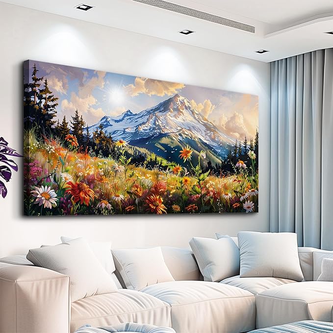 FUHAIHUA Canvas Wall Art For Living Room Large Framed Wall Decor For Office Modern Bedroom Decorations Mountain Flower Landscape Pictures Farmhouse Paintings Artwork Aesthetic Home Decor 30x60 In