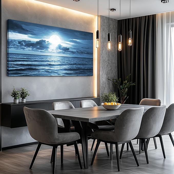 wall art for living room Decorations Photo Prints - blue sea view The moon Landscape - Modern Home Decor The room Stretched and Framed Ready to Hang artwork (Blue Ocean&Moon, 30x 60inch x 1pcs)