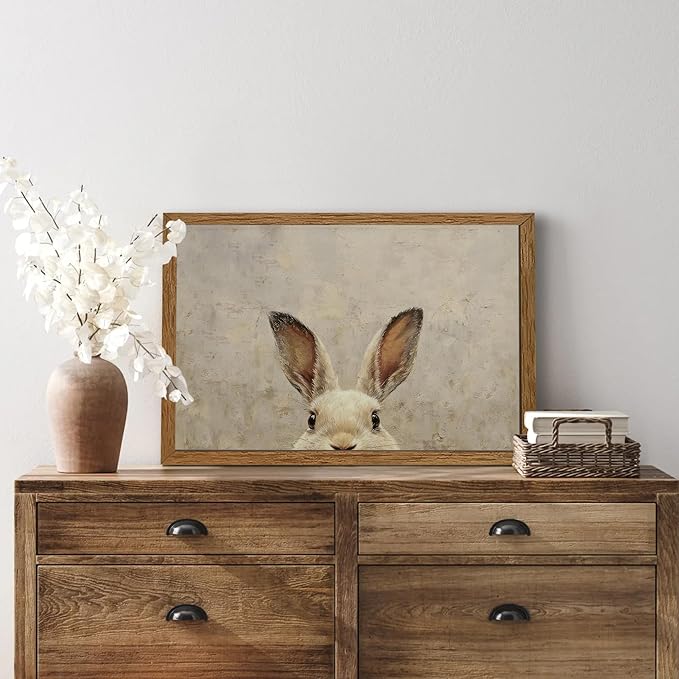 AVECCO Framed Vintage Funny Bunny Easter Wall Art, Cute Farmhouse Aesthetic Wall Decor, Easter Rabbit Art Prints for Bathroom Living Room Bedroom Dining Room Office Decoration Ready to Hang 16x24 inch