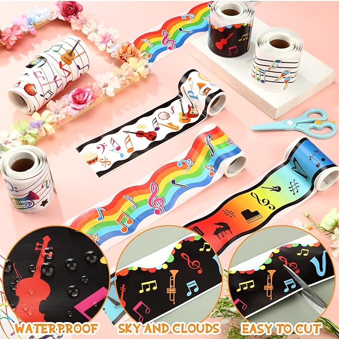 Yeaqee 8 Roll 131 ft Musical Notes Bulletin Board Borders Decorations Back to School Self Stick Music Bulletin Trim Music Bulletin Board Classroom Bulletin for Music Room Wall Door Decor