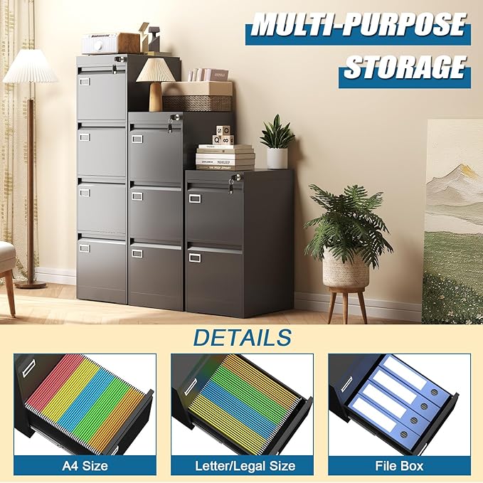 2 Drawer File Cabinet with Lock, Metal Small File Cabinet, Black Filing Cabinets for Home Office, Vertical File Cabinets Locked