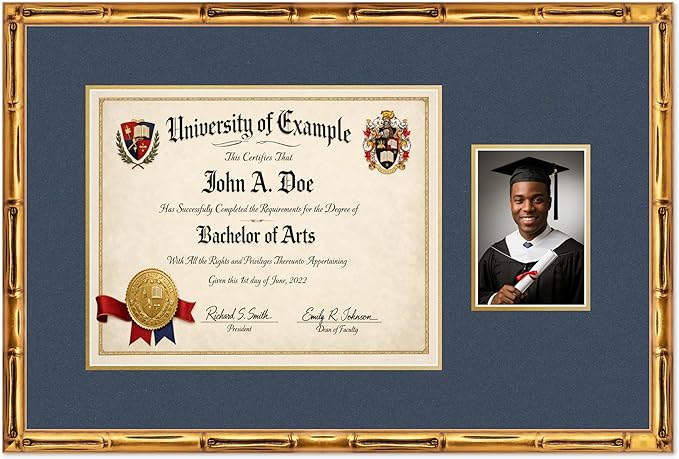CountryArtHouse Fits 15 x 12 Military/Government and 5 x 7 Photo Diploma and Photo Frame Gold Bamboo Genuine Hardwood with Navy Blue Over Metallic Gold Double mat