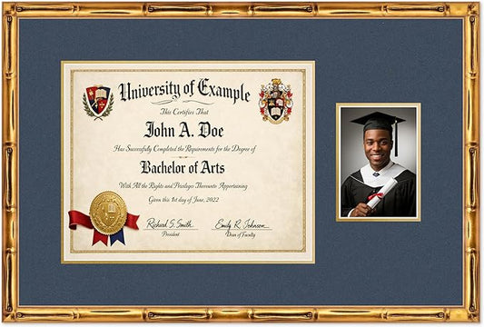 CountryArtHouse Fits 15 x 12 Military/Government and 5 x 7 Photo Diploma and Photo Frame Gold Bamboo Genuine Hardwood with Navy Blue Over Metallic Gold Double mat