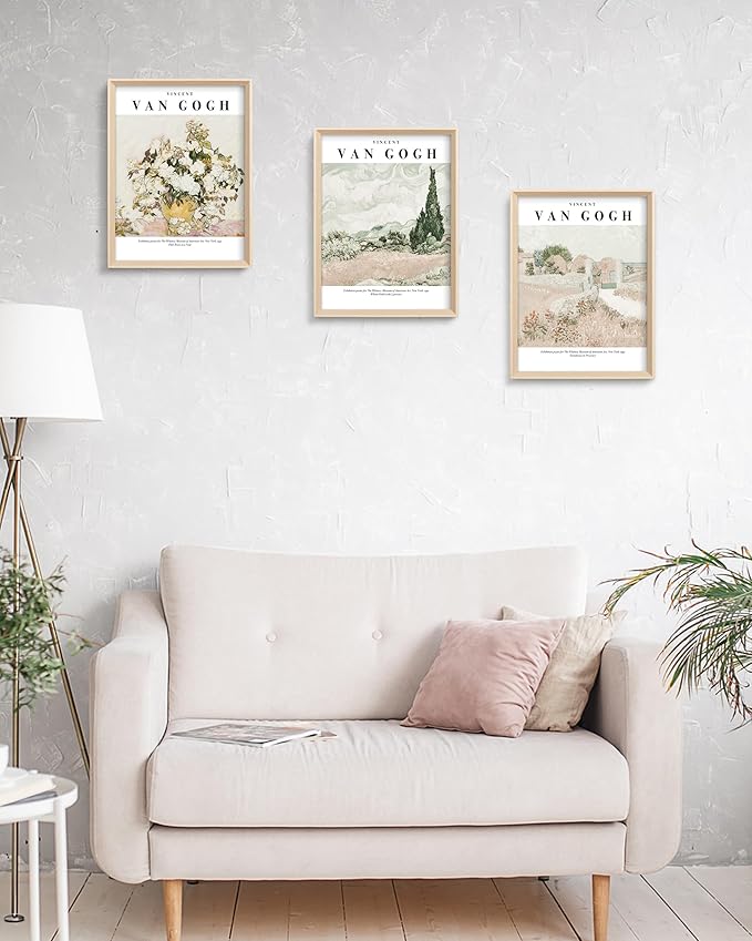HesenDot Van Gogh High Framed Wall Art Set of 3, 12x16in Neutral Floral Canvas Prints, Abstract Landscape Artwork for Living Room Bedroom Gallery Office Home Décor