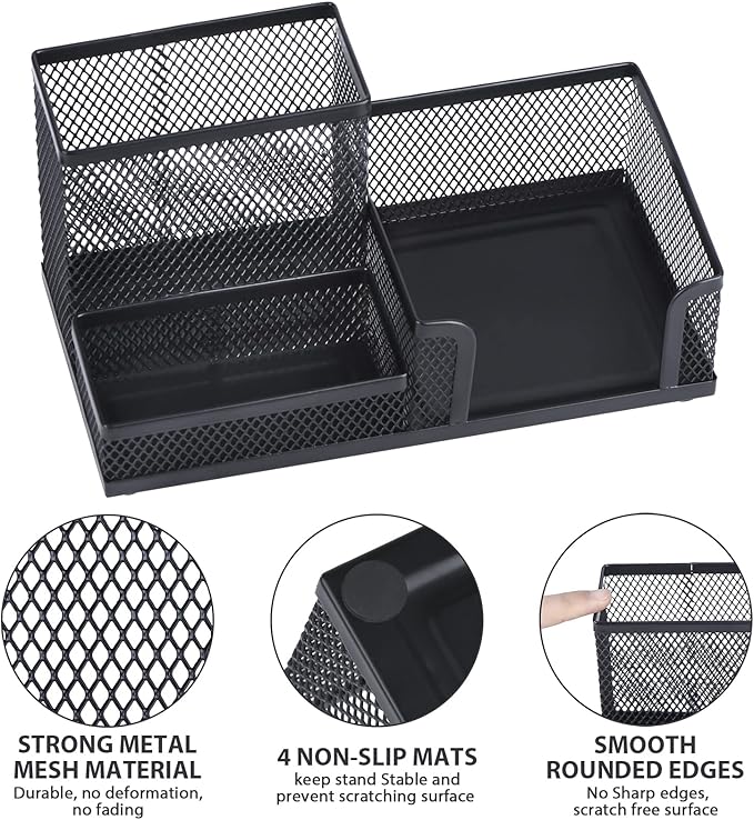 2-Piece Desk Pen & Pencil Organizer - Mesh Metal Pen Cup with Sticky Notes Holder, Black | Pen Cup, Marker Holder, Desk Caddy, Pen Organizer, Workspace