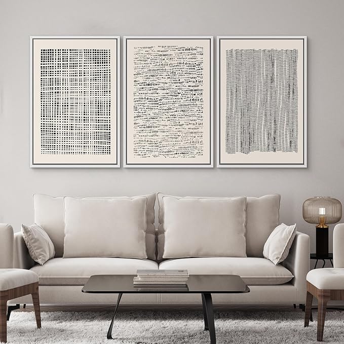 SIGNWIN Framed Canvas Print Wall Art Set Geometric Dark Black Grid Wave Pattern Abstract Shapes Cozy Neutral Modern Art Decorative Contemporary for Living Room, Bedroom, Office - 16"x24"x3 White