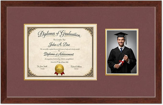 Diploma Frame With Photo Opening Rustic Walnut Dark Red Over Gold Mat - Fits 11 x 8.5 Degree and Picture Made in the USA
