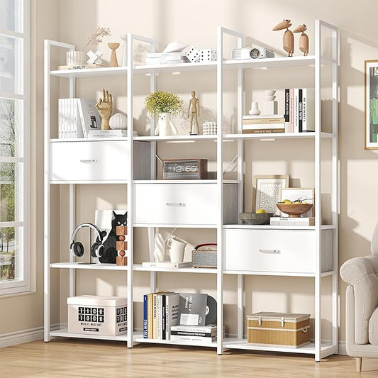 Semoic Triple Wide 6 Tiers Industrial Book shelf with 3 Drawers and Storage Shelves, 73.6" Tall Bookcase with 16 Open Display Shelves, Large Etagere Bookshelf with Metal Frame for Home & Office, White