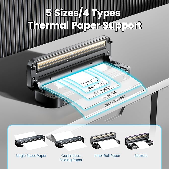 Portable Printer, 300DPI Wireless Bluetooth Thermal Printers, Support Multi-Size Thermal Paper, Compatible with iOS, Android & PC, Inkless Mobile Printer for Travel, Office, School, Black