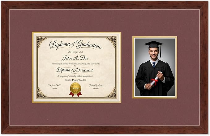 Diploma Frame With Photo Opening Rustic Walnut Dark Red Over Gold Mat - Fits 10 x 8 Degree and Picture Made in the USA