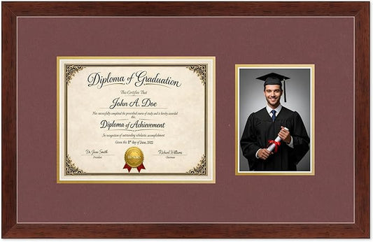 Diploma Frame With Photo Opening Rustic Walnut Dark Red Over Gold Mat - Fits 10 x 8 Degree and Picture Made in the USA